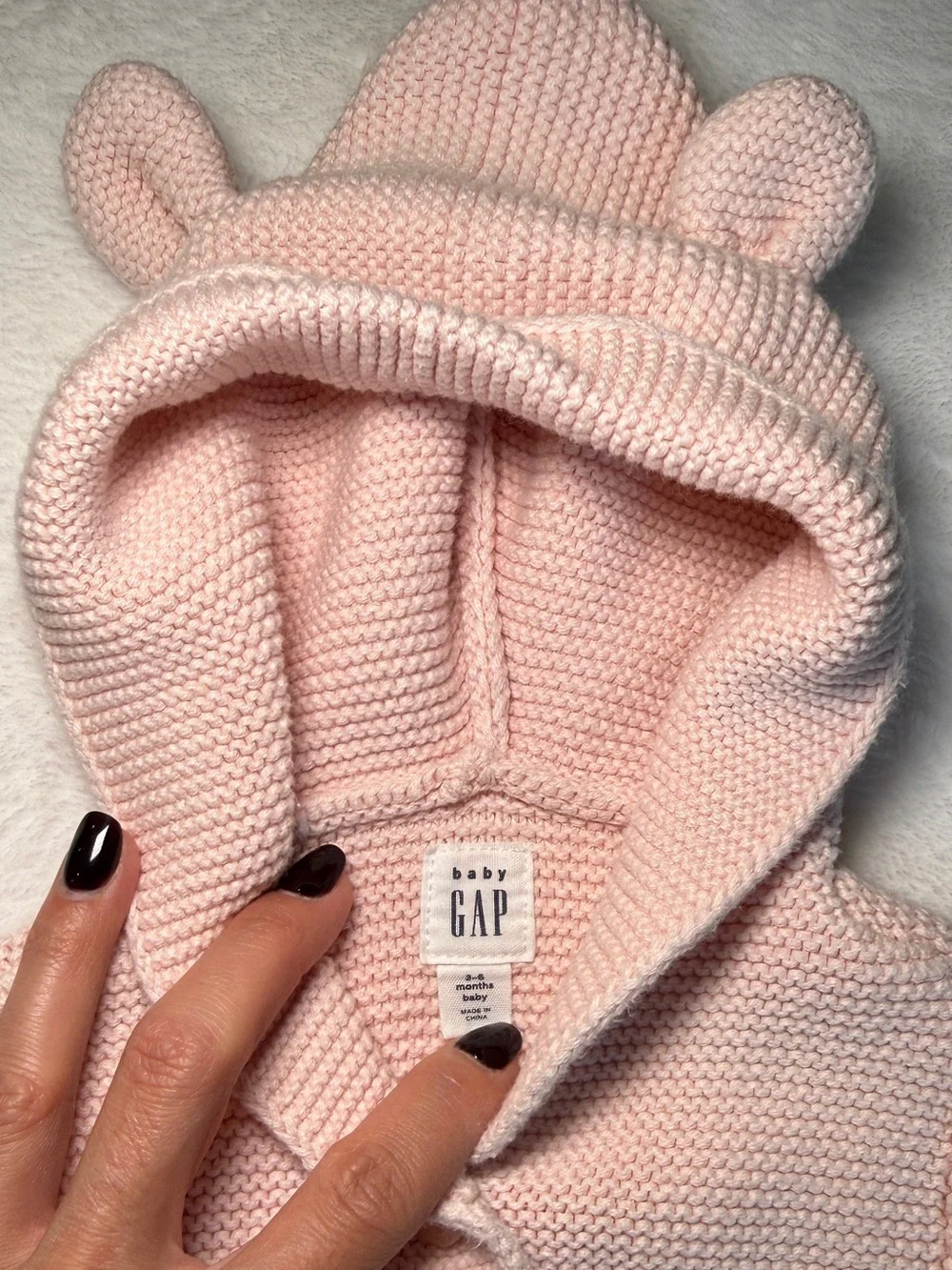 🩷 Baby Gap Pink Bear Ear Hooded Knit Cardigan – 3–6M